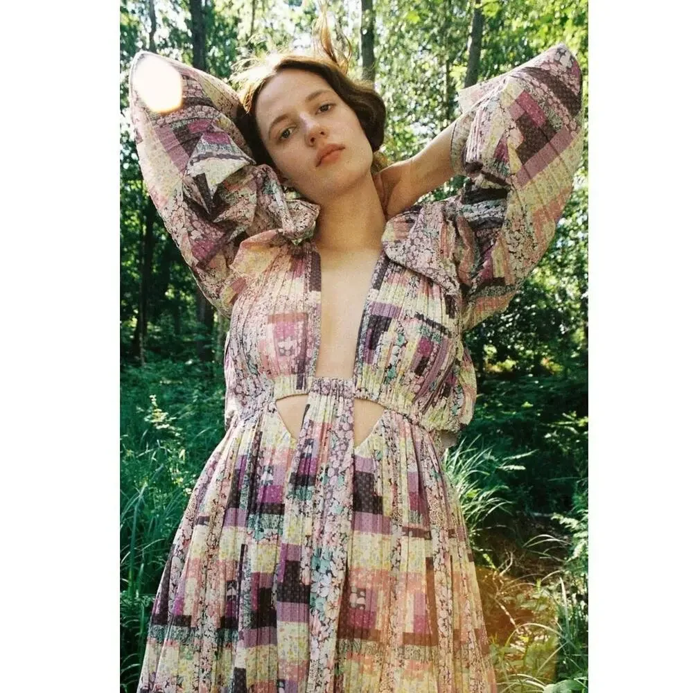 SEA NY Maxi Dress Patchwork Floral Naya Cutout‎ Long Sleeve Pleated Purple XS - Picture 2 of 11